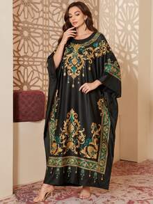 Jahmira Luxury Black Gold And Green Print Batwing Home Dress, Elegant Islamic Style Long Dress - Black - View 3
