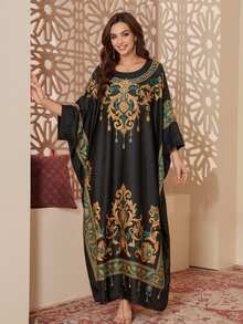 Jahmira Luxury Black Gold And Green Print Batwing Home Dress, Elegant Islamic Style Long Dress - Black - View 1