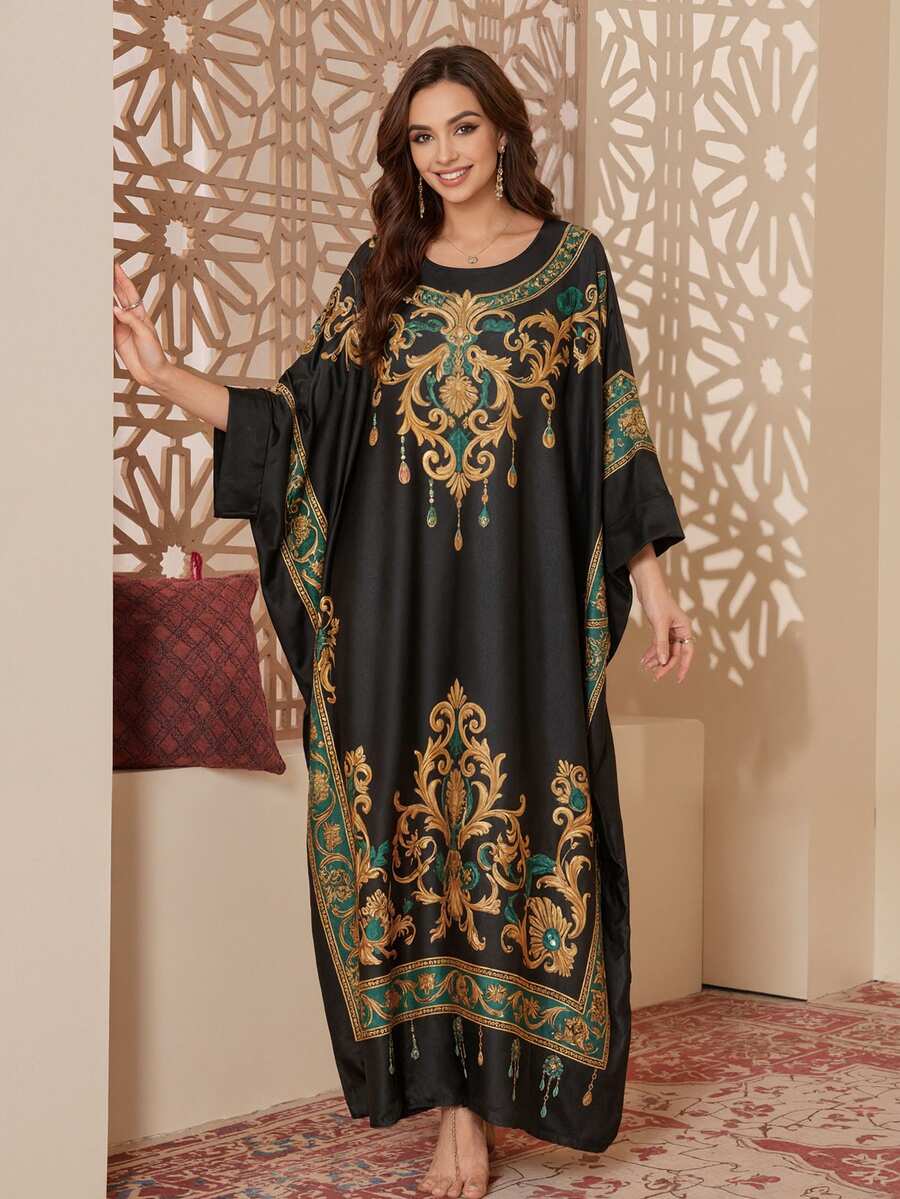 Jahmira Luxury Black Gold And Green Print Batwing Home Dress, Elegant Islamic Style Long Dress - Black - View 1