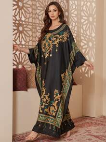 Jahmira Luxury Black Gold And Green Print Batwing Home Dress, Elegant Islamic Style Long Dress - Black - View 4