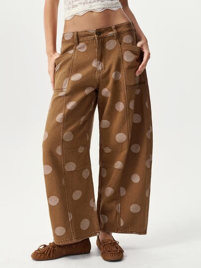 Bohemela Casual 70's Inspired 90s 70s 90s Woven Polka Dot Harem Pants For Women Brunch Formal Panlakad Daily Work Brown Polka Dot Polka Dot Autumn