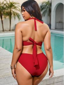 Swim SXY 大码女式假日海滩O型环链比基尼套装 - 紅色 - 查看 2
