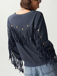 Bohemela Women's Fall/Winter Casual Solid Knit Fringe Long-Sleeve Oversized Sweatshirt/Going Out/Y2K/Holiday/Country/Cowgirl - Dark Grey - View 4