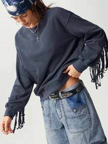 Bohemela Women's Fall/Winter Casual Solid Knit Fringe Long-Sleeve Oversized Sweatshirt/Going Out/Y2K/Holiday/Country/Cowgirl - Dark Grey - View 6