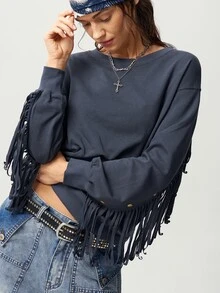 Bohemela Women's Fall/Winter Casual Solid Knit Fringe Long-Sleeve Oversized Sweatshirt/Going Out/Y2K/Holiday/Country/Cowgirl - Dark Grey - View 2