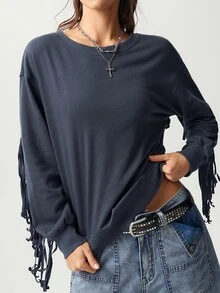 Bohemela Women's Fall/Winter Casual Solid Knit Fringe Long-Sleeve Oversized Sweatshirt/Going Out/Y2K/Holiday/Country/Cowgirl - Dark Grey - View 5