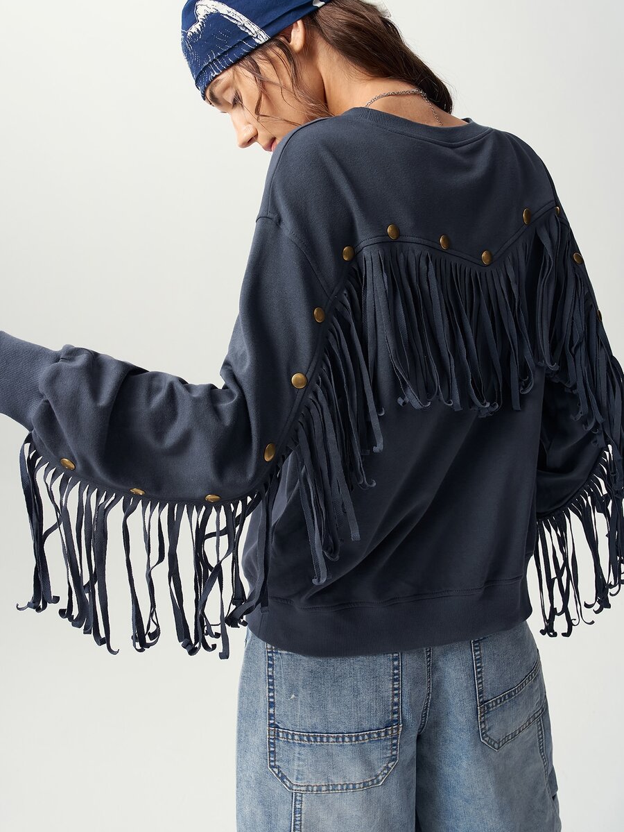 Bohemela Women's Fall/Winter Casual Solid Knit Fringe Long-Sleeve Oversized Sweatshirt/Going Out/Y2K/Holiday/Country/Cowgirl - Dark Grey - View 1