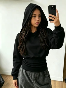 SHEIN كنزة رياضية سوداء بقلنسوة وأكمام طويلة وخصر عالي للفتيات المراهقات، أسلوب هالوين وخريف، ملابس خريفية - الأسود - مشاهدة 2