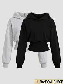 SHEIN كنزة رياضية سوداء بقلنسوة وأكمام طويلة وخصر عالي للفتيات المراهقات، أسلوب هالوين وخريف، ملابس خريفية - الأسود - مشاهدة 1