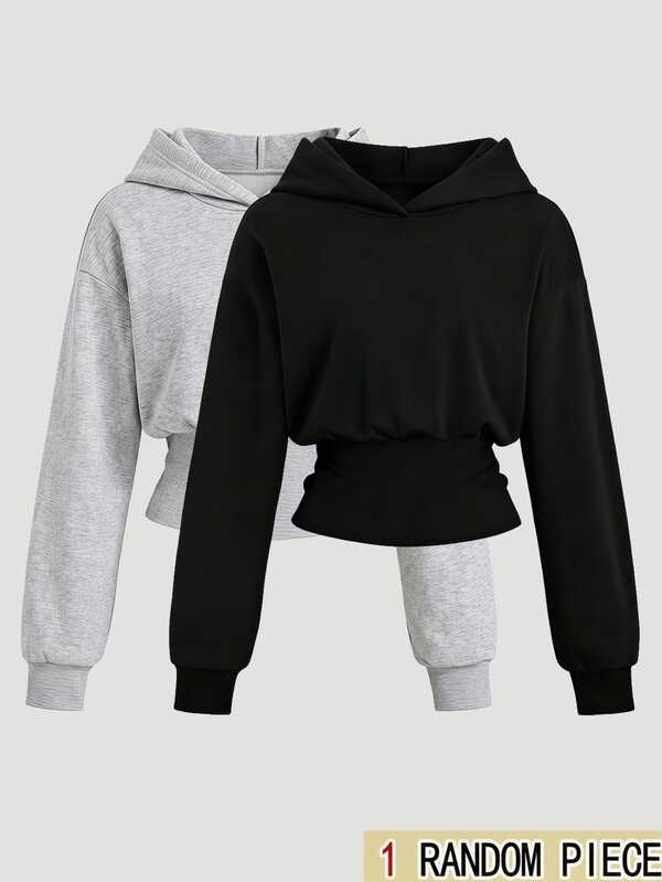 SHEIN Girls' Casual Classic Black Solid Color Cinched Waist Hooded Sweatshirt, High Waist Design Snug Fit, Autumn Seasonal Piece, Suitable For School, Travel And Outdoor Wear