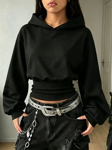 SHEIN كنزة رياضية سوداء بقلنسوة وأكمام طويلة وخصر عالي للفتيات المراهقات، أسلوب هالوين وخريف، ملابس خريفية - الأسود - مشاهدة 9