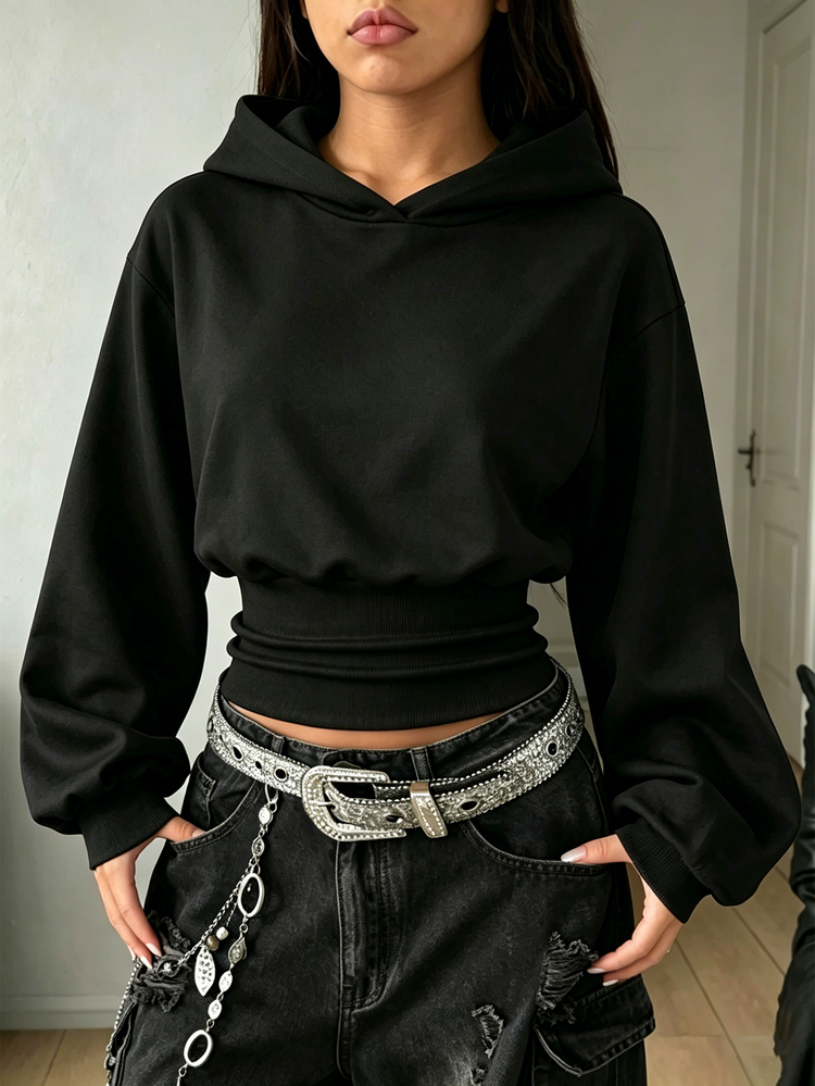 SHEIN 青少年女孩長袖連帽高腰黑色運動衫，萬聖節秋季風格秋季穿搭 - 黑色 - 查看 9