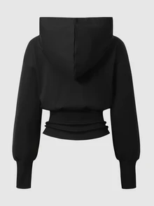 SHEIN كنزة رياضية سوداء بقلنسوة وأكمام طويلة وخصر عالي للفتيات المراهقات، أسلوب هالوين وخريف، ملابس خريفية - الأسود - مشاهدة 3