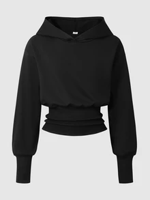 SHEIN كنزة رياضية سوداء بقلنسوة وأكمام طويلة وخصر عالي للفتيات المراهقات، أسلوب هالوين وخريف، ملابس خريفية - الأسود - مشاهدة 4