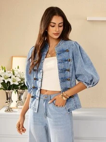 Selenza Women's Streetwear Double-Breasted Petal Sleeve Denim Jacket - Blue - View 6