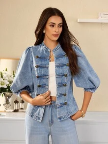 Selenza Women's Streetwear Double-Breasted Petal Sleeve Denim Jacket - Blue - View 4