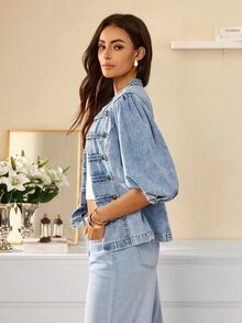 Selenza Women's Streetwear Double-Breasted Petal Sleeve Denim Jacket - Blue - View 8