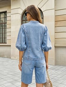 Selenza Women's Streetwear Double-Breasted Petal Sleeve Denim Jacket - Blue - View 2