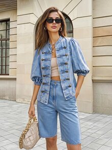 Selenza Women's Streetwear Double-Breasted Petal Sleeve Denim Jacket - Blue - View 3