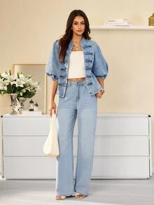 Selenza Women's Streetwear Double-Breasted Petal Sleeve Denim Jacket - Blue - View 10