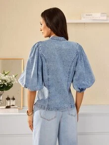 Selenza Women's Streetwear Double-Breasted Petal Sleeve Denim Jacket - Blue - View 9