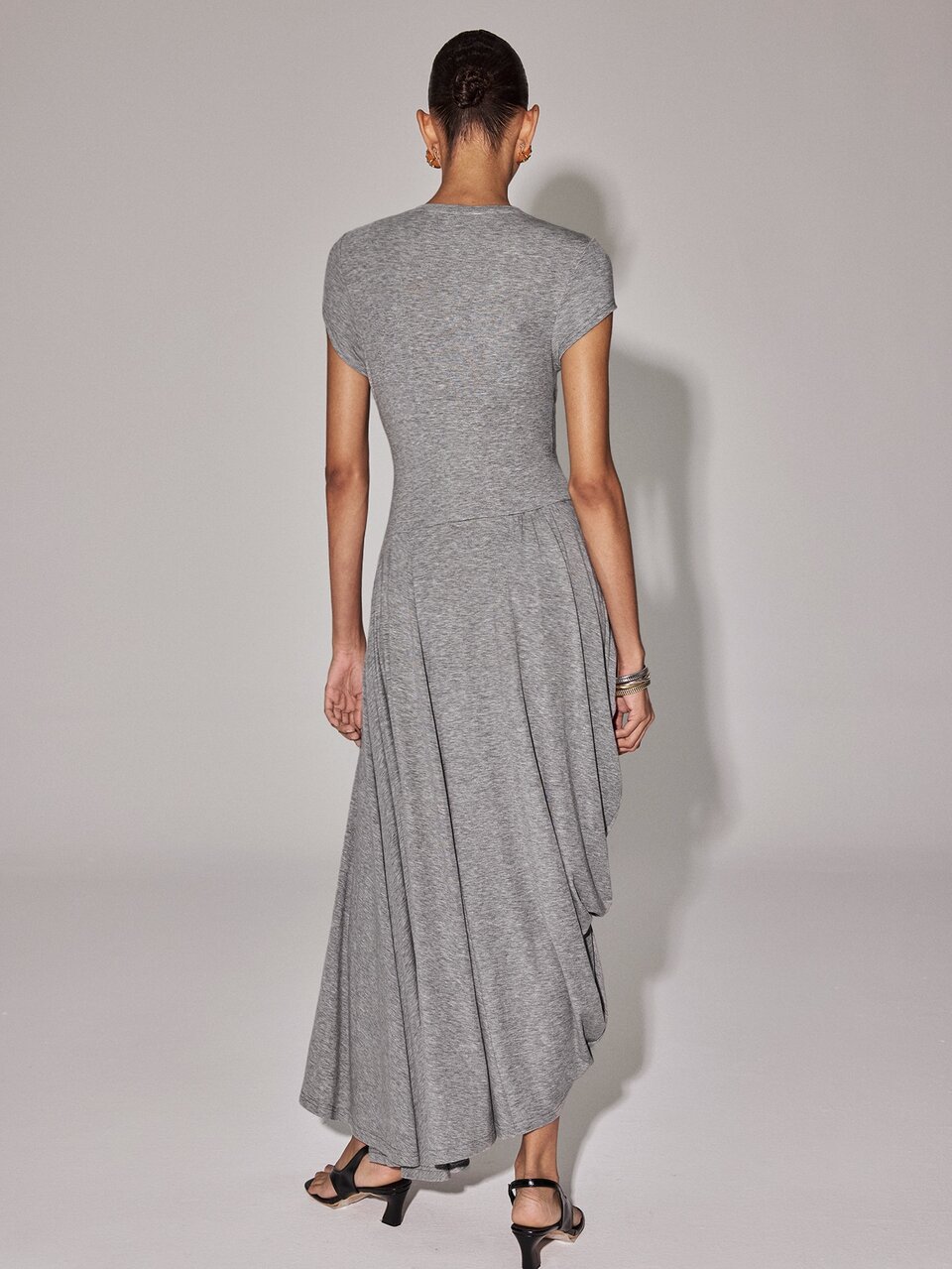 Anewsta Essential Elegant Gathered Fitted Asymmetric Grey Knit Long Dress For Women