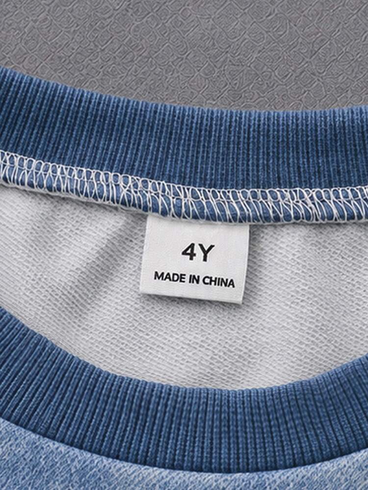Young Boy 2 Pieces Sweatshirt Set With Denim-Like Texture, Round Neck Sweatshirt + Cuffed Long Pants, Ribbed Neckline, Cuffs And Hem, White HK Logo Printed On Left Chest, White Pattern Striped Tape On Outer Sleeves, Same-Color Ribbed Cuffs On Pants, Same Pattern Striped Tape On Pants Sides, White HK Print On Thighs - Multicolor - View 4