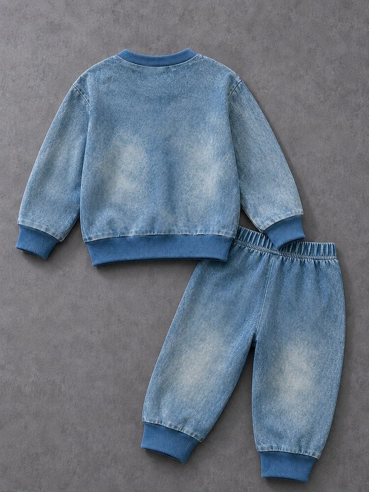 Young Boy 2 Pieces Sweatshirt Set With Denim-Like Texture, Round Neck Sweatshirt + Cuffed Long Pants, Ribbed Neckline, Cuffs And Hem, White HK Logo Printed On Left Chest, White Pattern Striped Tape On Outer Sleeves, Same-Color Ribbed Cuffs On Pants, Same Pattern Striped Tape On Pants Sides, White HK Print On Thighs - Multicolor - View 2
