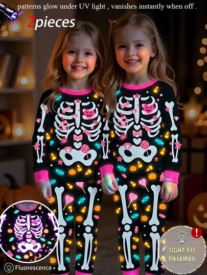 Girls' Round Neck Pullover Long Sleeve Top And Long Pants Knit Fabric Comfortable Soft High Elasticity Slim Fit Loungewear 2 Pieces Pajama Set