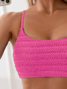Swim Basics Conjunto de bikini de traje de baño de unicolor con cuello redondo y tirantes de espagueti de verano para la playa - Rosa Fucsia - Ver 3