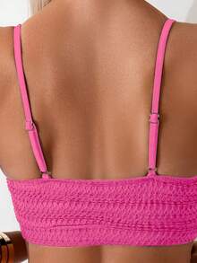 Swim Basics Conjunto de bikini de traje de baño de unicolor con cuello redondo y tirantes de espagueti de verano para la playa - Rosa Fucsia - Ver 4