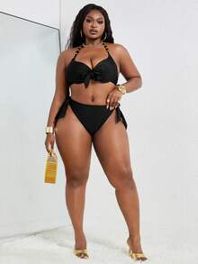 Slaydiva Conjunto de bikini con empalme metálico y aros ajustables para tallas grandes - Negro - Ver 4
