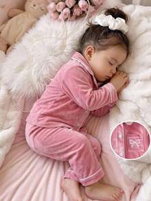 Baby Girl Bow Embroidery Contrast Piping Flannel PJ Set - Pink - View 1