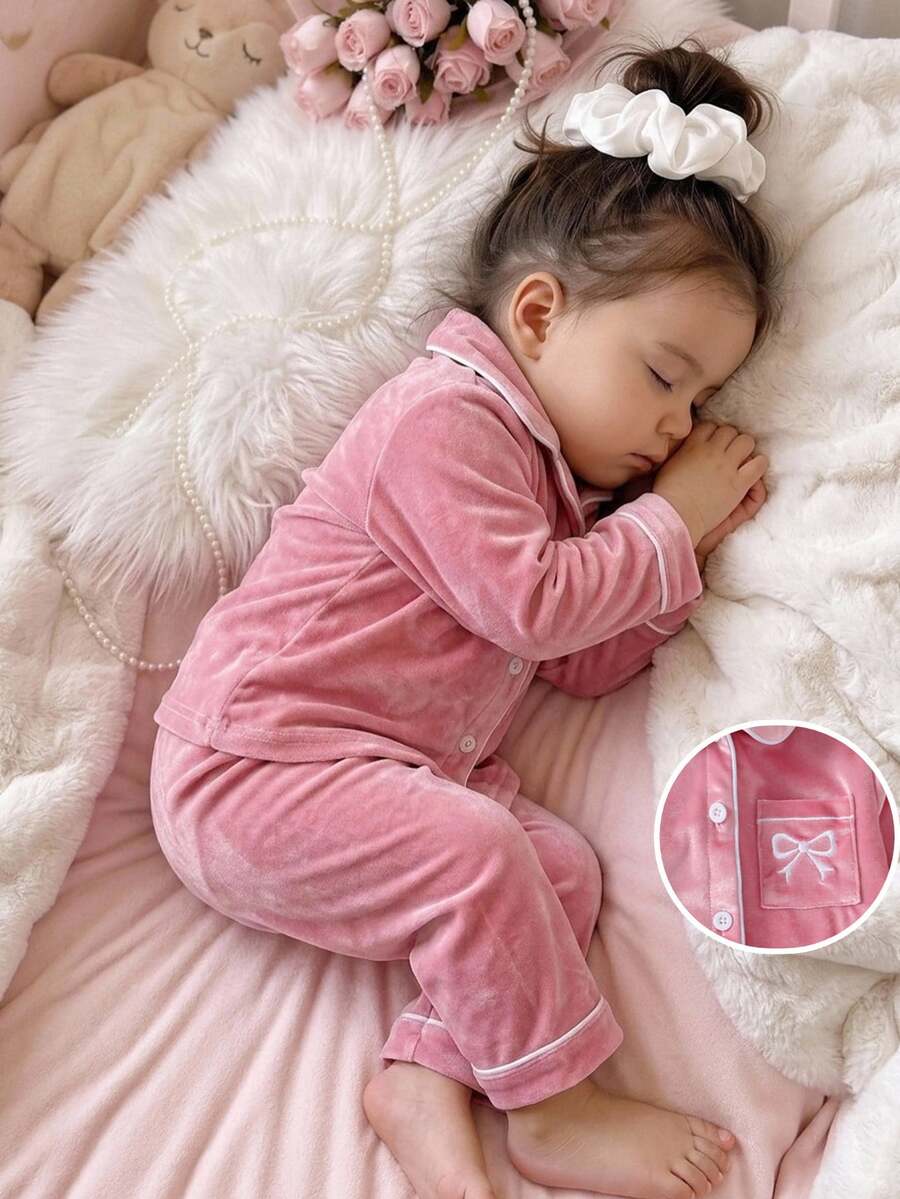 Baby Girl Bow Embroidery Contrast Piping Flannel PJ Set - Pink - View 1