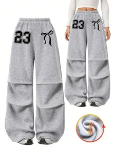 SHEIN Tween Girls Butterfly & Number Print Casual Loose Pleated Fleece Sweatpants School Uniform In Autumn And Winter Fall, Wide Leg, Lined - Grey - View 4