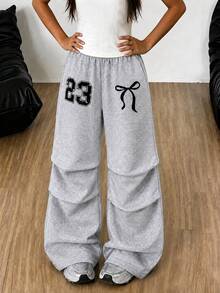 SHEIN Tween Girls Butterfly & Number Print Casual Loose Pleated Fleece Sweatpants School Uniform In Autumn And Winter Fall, Wide Leg, Lined - Grey - View 3