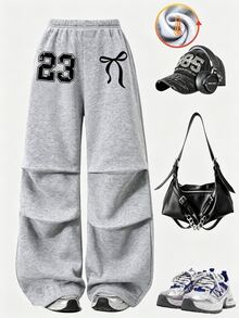 SHEIN Tween Girls Butterfly & Number Print Casual Loose Pleated Fleece Sweatpants School Uniform In Autumn And Winter Fall, Wide Leg, Lined - Grey - View 1