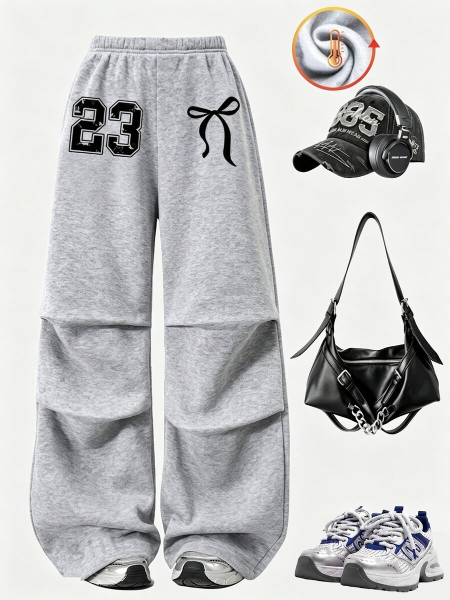 SHEIN Tween Girls Butterfly & Number Print Casual Loose Pleated Fleece Sweatpants School Uniform In Autumn And Winter Fall, Wide Leg, Lined - Grey - View 1