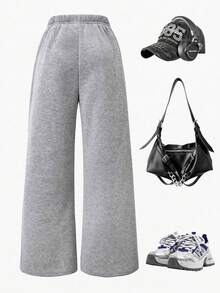 SHEIN Tween Girls Butterfly & Number Print Casual Loose Pleated Fleece Sweatpants School Uniform In Autumn And Winter Fall, Wide Leg, Lined - Grey - View 2