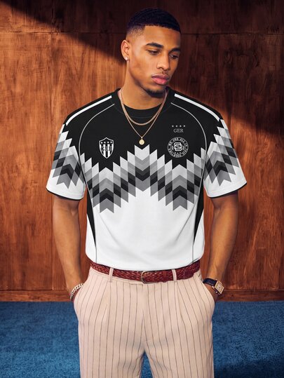 Aesthetic Post Tricou de fotbal retro alb-negru cu imprimeu zimțat, mânecă scurtă, tricou grafic pentru bărbați și femei, streetwear de vară, modă sportivă pentru sală și fotbal