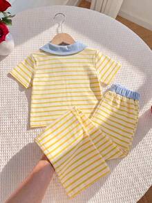 SHEIN Elladie kids 夏季少女小狗氣球刺繡圖案翻領短袖T恤上衣 白色寬鬆休閒長褲兩件套 生日禮物 - 黃色 - 查看 2