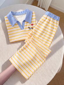SHEIN Elladie kids 夏季少女小狗氣球刺繡圖案翻領短袖T恤上衣 白色寬鬆休閒長褲兩件套 生日禮物 - 黃色 - 查看 6