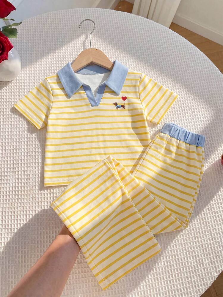 SHEIN Elladie kids Summer Young Girls Cute Puppy & Balloon Embroidered Pattern Lapel Short Sleeve T-Shirt Top With Matching Striped Loose Casual Long Pants 2-Piece Set, Simple T-Shirt Outfit Suitable For Daily Wear, Leisure, Sports And Outings - Yellow - View 7