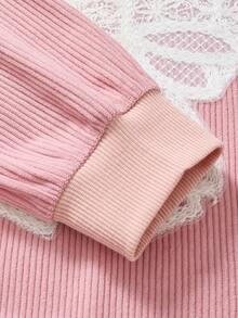 SHEIN 少女長袖抓絨秋季衣物 秋冬款 寬鬆休閒可愛韓系風格 紋理燈芯絨面料 3D蕾絲蝴蝶結設計 羅紋領口 - 粉色 - 查看 6