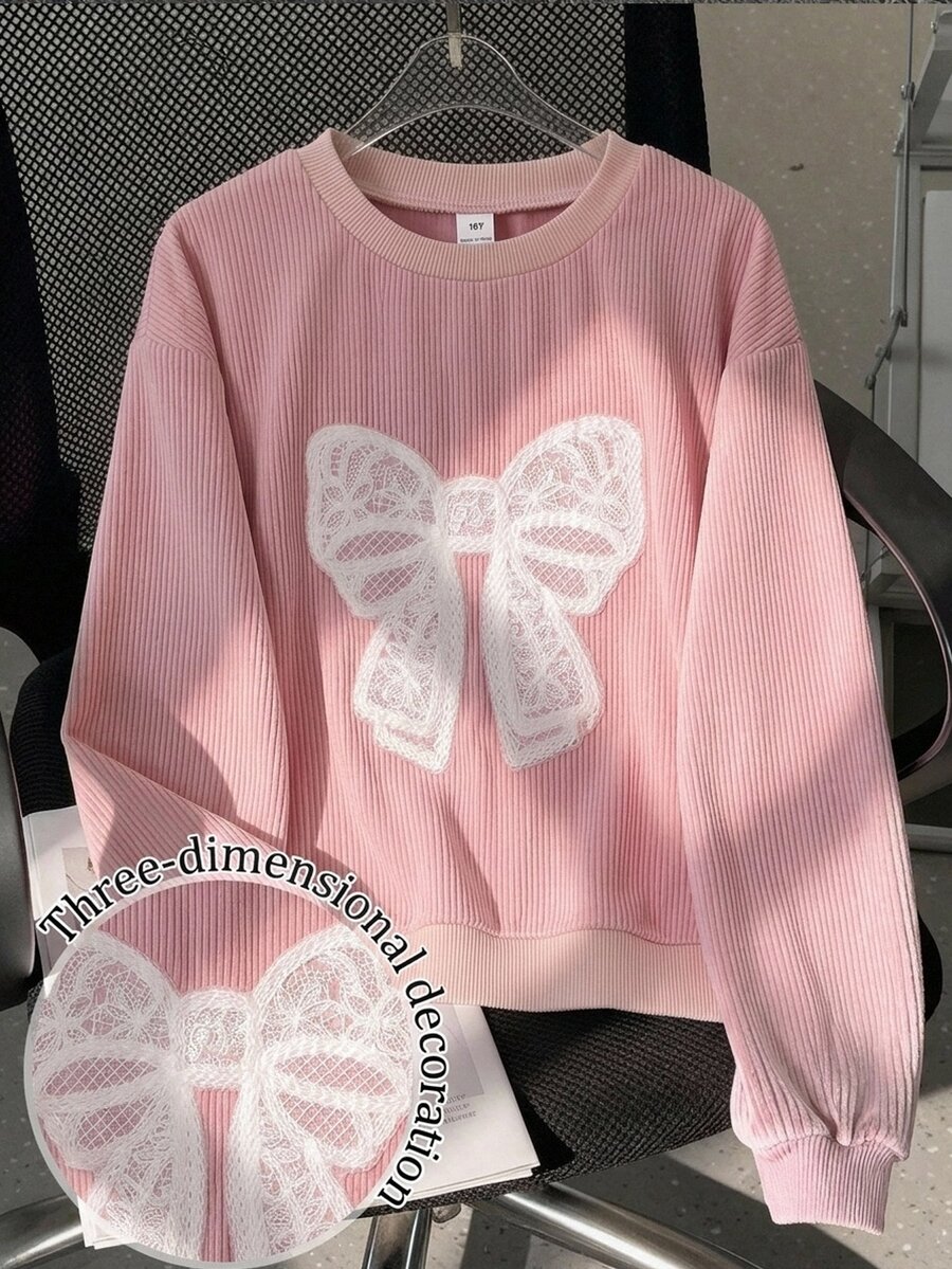 SHEIN 少女長袖抓絨秋季衣物 秋冬款 寬鬆休閒可愛韓系風格 紋理燈芯絨面料 3D蕾絲蝴蝶結設計 羅紋領口 - 粉色 - 查看 1