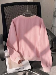 SHEIN 少女長袖抓絨秋季衣物 秋冬款 寬鬆休閒可愛韓系風格 紋理燈芯絨面料 3D蕾絲蝴蝶結設計 羅紋領口 - 粉色 - 查看 2