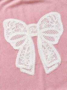 SHEIN 少女長袖抓絨秋季衣物 秋冬款 寬鬆休閒可愛韓系風格 紋理燈芯絨面料 3D蕾絲蝴蝶結設計 羅紋領口 - 粉色 - 查看 4