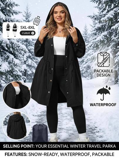 SHEIN CURVE+ Plus Size Women's Autumn Casual Loose Black Hooded Cinched Waist Jacket Fall