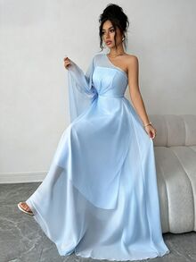 Elenzga Light Blue Summer Elegant Dining Lightweight Sheer Asymmetric Shoulder Cape Dress,3D Floral A-Line Maxi Gown,Double-Layer Mesh Strapless For Wedding - Blue - View 5