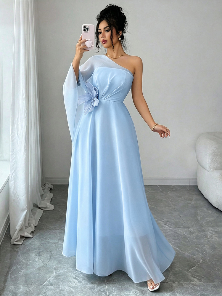 Elenzga Light Blue Summer Elegant Dining Lightweight Sheer Asymmetric Shoulder Cape Dress,3D Floral A-Line Maxi Gown,Double-Layer Mesh Strapless For Wedding - Blue - View 6